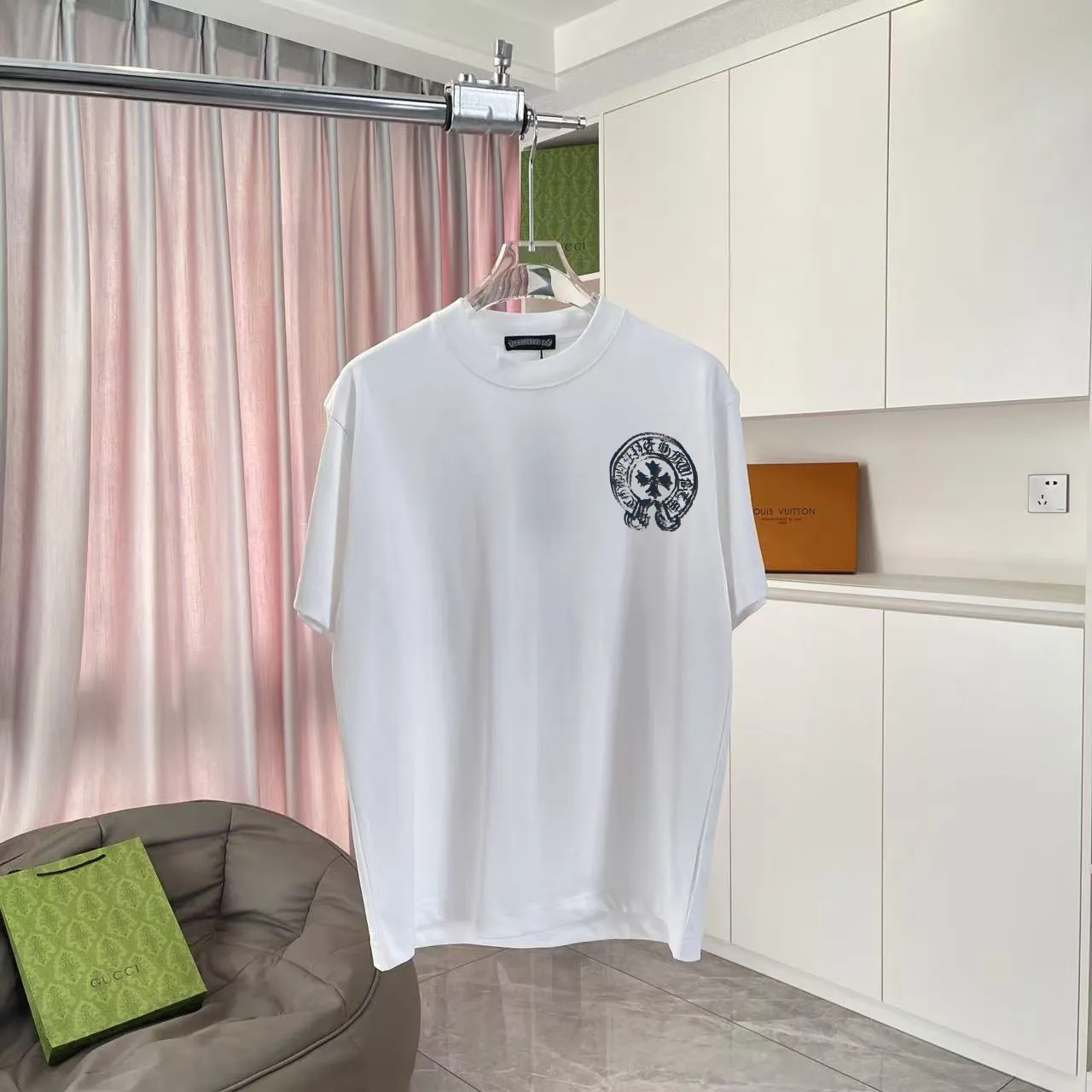 🅿️170 ch Cro* 2025 summer new style Sanskrit cross horseshoe print short-sleeved T-shirt customized fabric 300g same style for men and women Size: S M L XL XXL five sizes Color: black white rose red iron gray